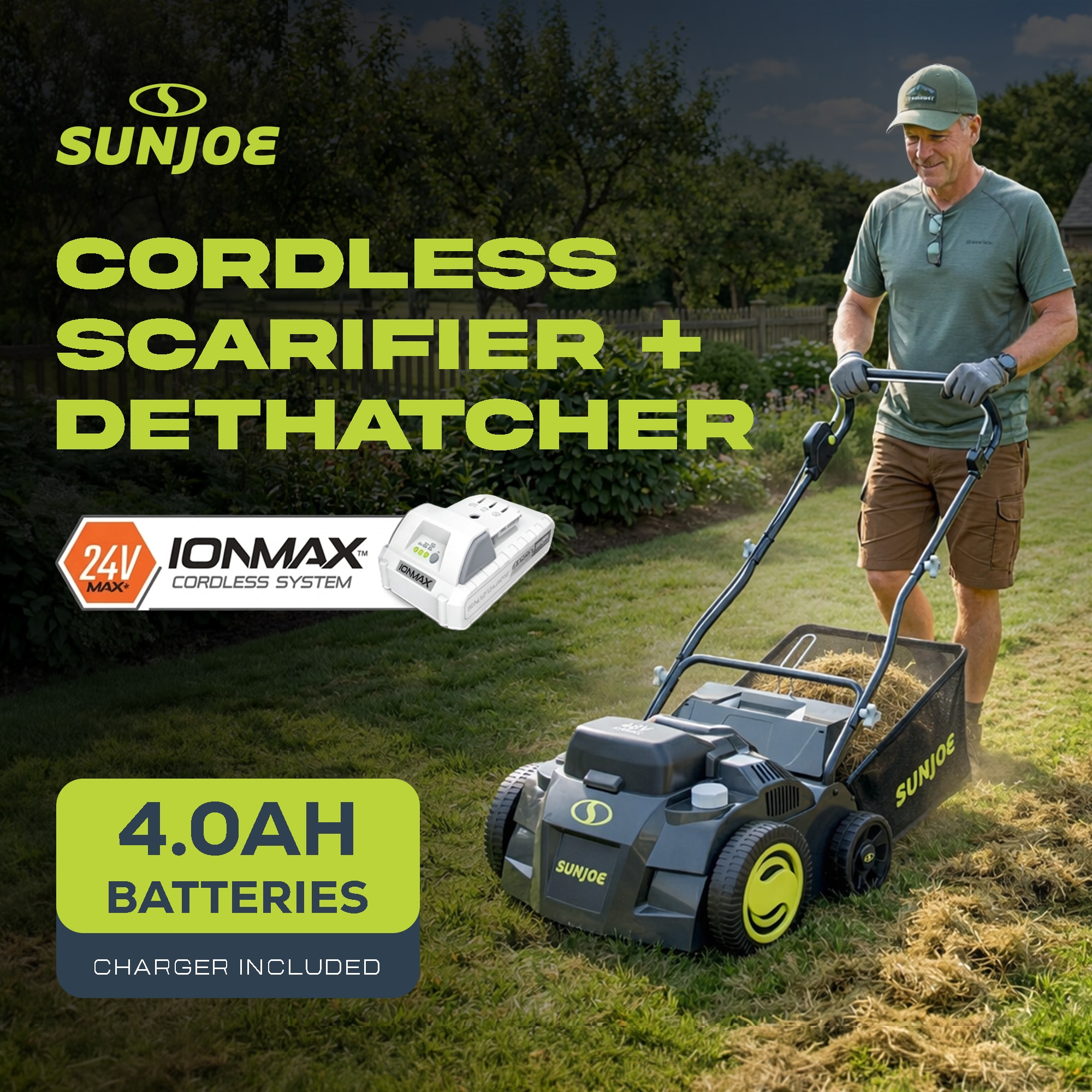 Sun Joe 24V-X2-DTS15 Cordless Scarifier and Dethatcher Brushless Motor with 2 24V 4Ah Batteries
