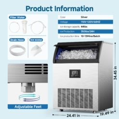 SIMZLIFE 350 lbs/24H Full Size Cubes Commercial Ice Maker in Silver Stainless Steel with 44-lb Ice Storage Bin and Auto-cleaning
