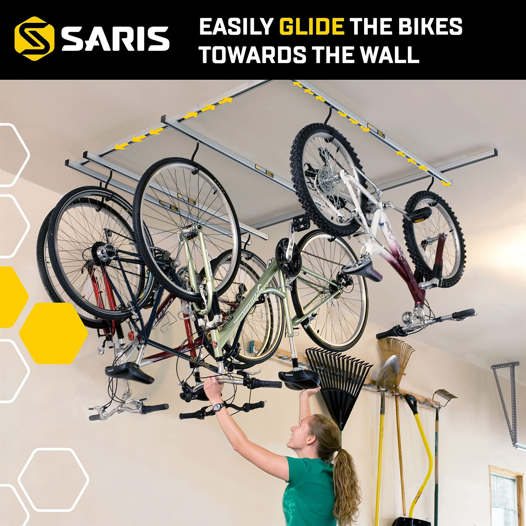 Saris Cycle Glide Ceiling Bike Rack - 4 Bike Capacity Bike Hanging System for Garage