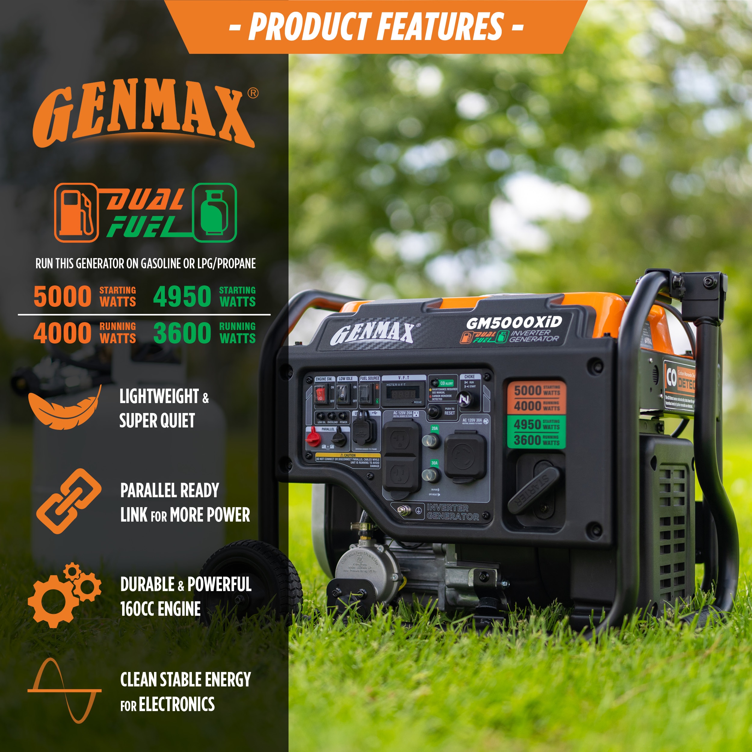 GENMAX 5000 Starting / 4000 Running Watt Gasoline/Liquid propane Dual Fuel Portable Generator