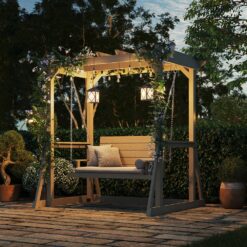Homsee 82.1 Inch Wide Cedar Wood Arbor Gazebo Swing Chair for Two with Ergonomic High Back Pavilion Canopy and Galvanized Chains for Backyard Patio and Balcony 82.1''L x 63''W x 81.1''H Brown