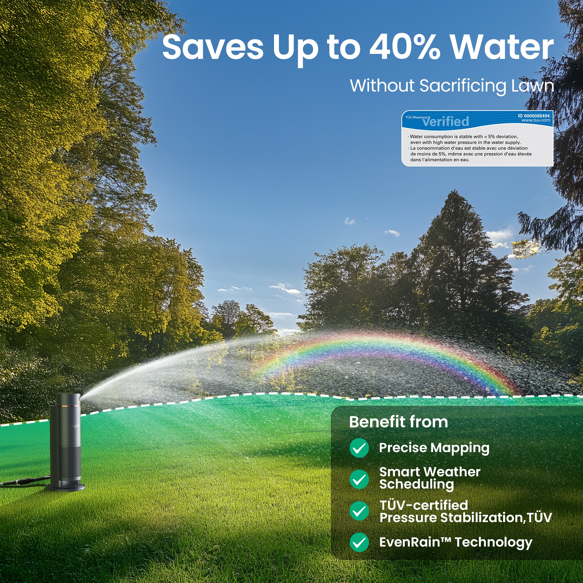Aiper IrriSense N2 Smart Lawn Irrigator for Areas up to 4300 sq ft with Automatic Fertilizer and Pesticide Dispensing Weather Sensor Watering Customizable Mapping and App Scheduling