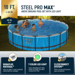 Bestway Steel Pro MAX 18 Feet x 48 Inches Round Above Ground Pool Set w/LED Light and Remote