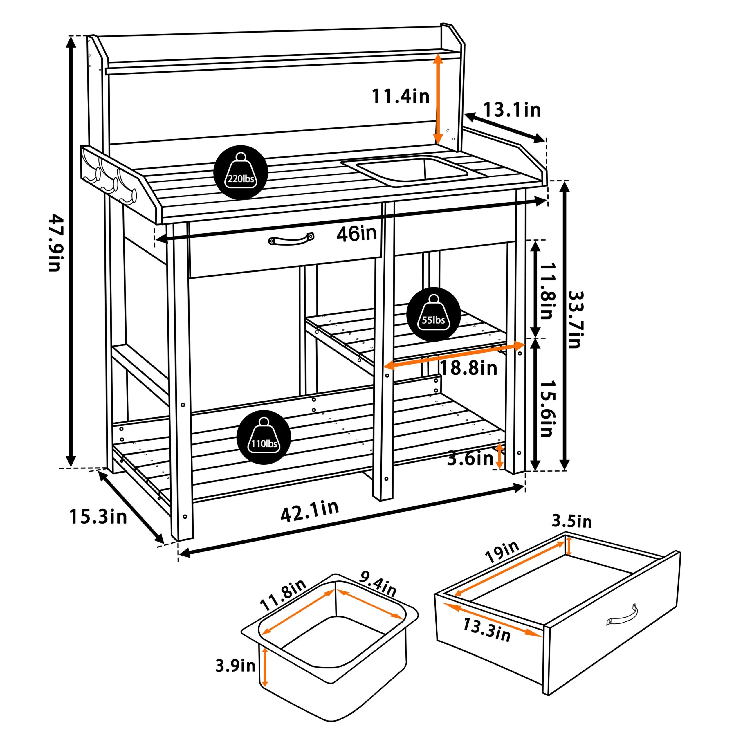 VEIKOUS Wooden Potting Bench Tables 46-in x 47.9-in x 15.3-in Natural Potting Bench