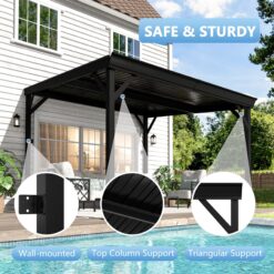 VEIKOUS 10-ft W x 8-ft L x 7-ft 6-1/2-in H Black Metal Attached Pergola