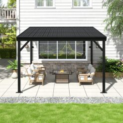 VEIKOUS 10-ft W x 8-ft L x 7-ft 6-1/2-in H Black Metal Attached Pergola