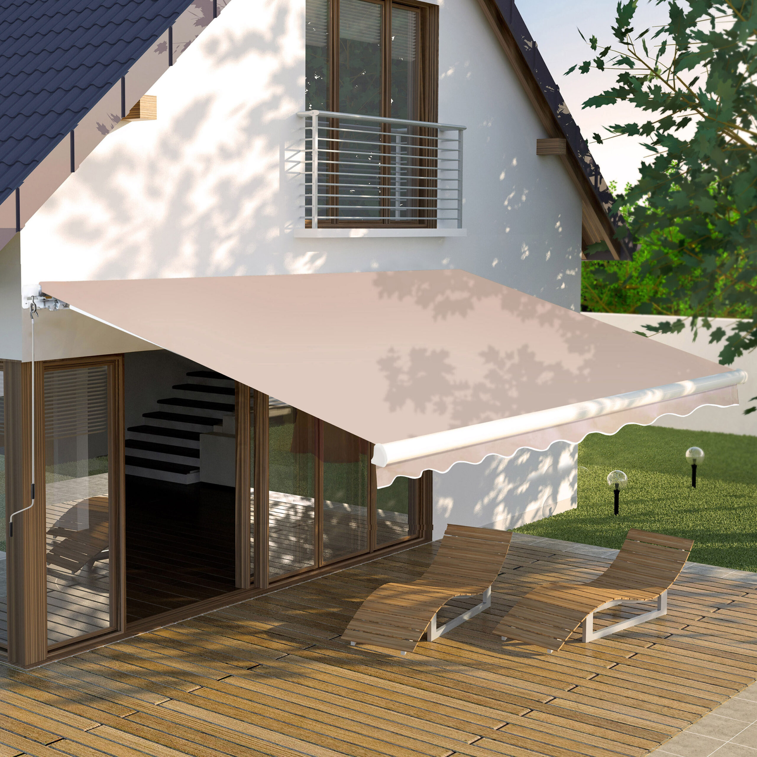 VEIKOUS 116.3-in Width x 10-in Height x 96-in Projection Beige Fabric Manual Retractable Patio Awning