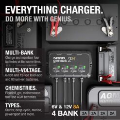 NOCO GENIUS2X4: 8A 4-Bank Smart Battery Charger (2A/Bank) - 6V/12V Automatic Maintainer, Trickle Charger & Desulfator