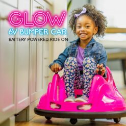Flybar 6V Pink Glow Bumper Car for Kids – LED Ride-On Toy with 360° Spin, Rechargeable Battery, and Soft Rubber Bumpers – Safe Indoor Fun for Toddlers Ages 1.5+, Up to 66 lbs