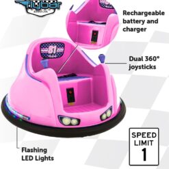 Flybar FunPark 6V Bumper Car for Toddlers, Electric Toddler Ride On Toys for Kids, Baby, Ages 1.5-4 Years, LED Lights, 360 Degree Spin, Supports up to 66 pounds (No Remote), Large, 6v Pink/Purple