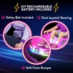 Flybar 12V Glow Bumper Car Ride On Toy - Indoor/Outdoor Toys, Toddler Toys, Bumper Cars, Kids Electric Car, w/ 360° Spins, Multi-Color LED Lights, Max Weight of 100lbs, Age 4-9yrs, Pink