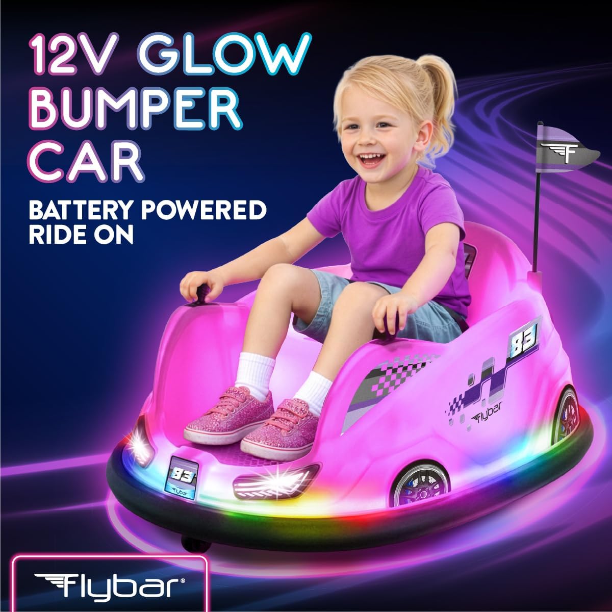 Flybar 12V Glow Bumper Car Ride On Toy - Indoor/Outdoor Toys, Toddler Toys, Bumper Cars, Kids Electric Car, w/ 360° Spins, Multi-Color LED Lights, Max Weight of 100lbs, Age 4-9yrs, Pink