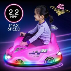 Flybar 12V Glow Bumper Car Ride On Toy - Indoor/Outdoor Toys, Toddler Toys, Bumper Cars, Kids Electric Car, w/ 360° Spins, Multi-Color LED Lights, Max Weight of 100lbs, Age 4-9yrs, Pink