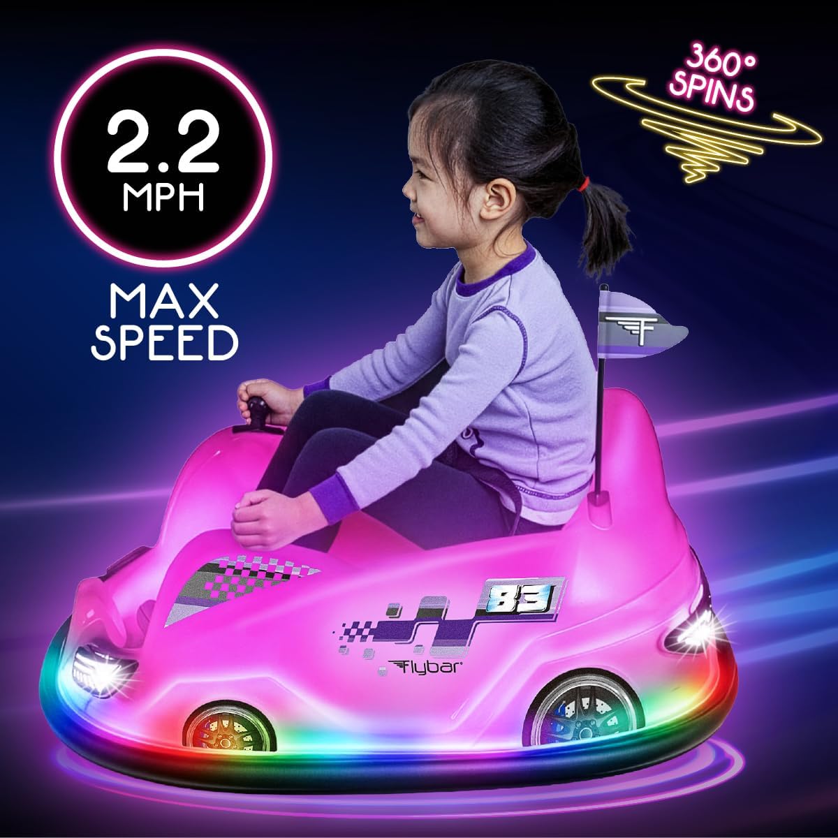 Flybar 12V Glow Bumper Car Ride On Toy - Indoor/Outdoor Toys, Toddler Toys, Bumper Cars, Kids Electric Car, w/ 360° Spins, Multi-Color LED Lights, Max Weight of 100lbs, Age 4-9yrs, Pink