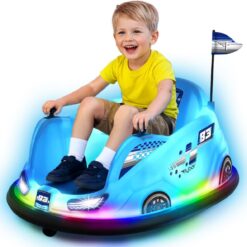 Flybar 12V Glow Bumper Car Ride On Toy - Indoor/Outdoor Toys, Toddler Toys, Bumper Cars, Kids Electric Car, w/ 360° Spins, Multi-Color LED Lights, Max Weight of 100lbs, Age 4-9yrs, Blue