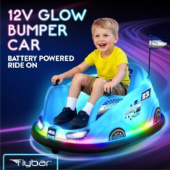 Flybar 12V Glow Bumper Car Ride On Toy - Indoor/Outdoor Toys, Toddler Toys, Bumper Cars, Kids Electric Car, w/ 360° Spins, Multi-Color LED Lights, Max Weight of 100lbs, Age 4-9yrs, Blue
