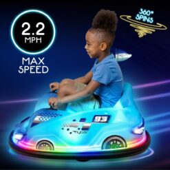 Flybar 12V Glow Bumper Car Ride On Toy - Indoor/Outdoor Toys, Toddler Toys, Bumper Cars, Kids Electric Car, w/ 360° Spins, Multi-Color LED Lights, Max Weight of 100lbs, Age 4-9yrs, Blue