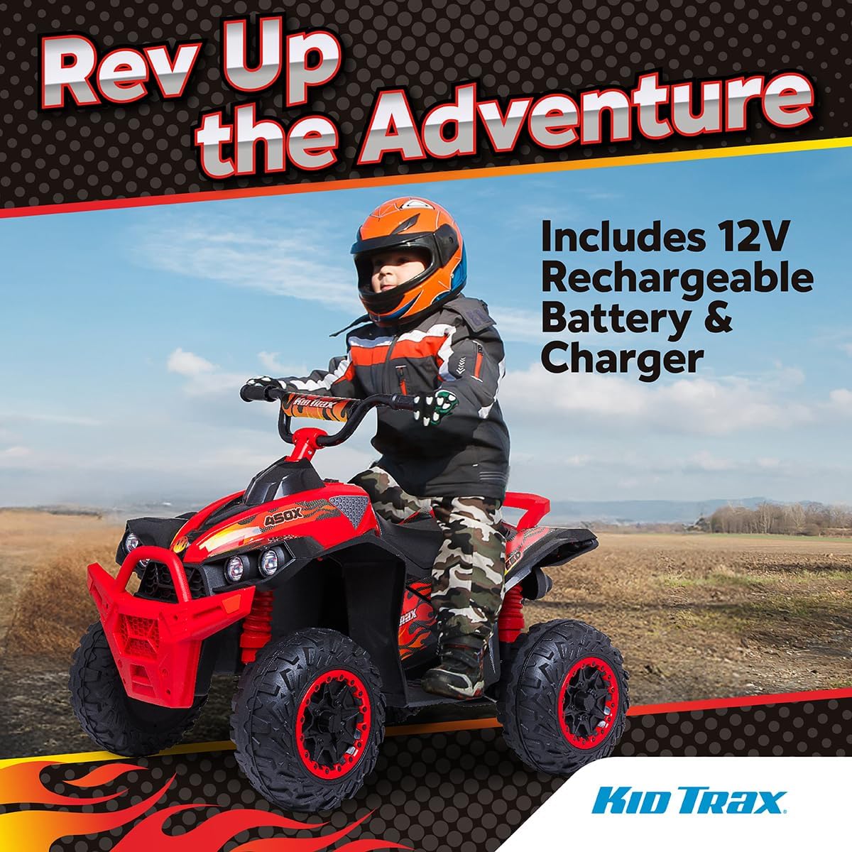 Kid Trax 12V ATV Ride On - Electric ATV, 2 Speed, Ride On Toys, Led Headlights, Quad Four Wheelers, Forward and Reverse, Kids Car Ride On, Indoor/Outdoor Toys, Max Weight 77 lb, Ages 3-8, FIRE RED