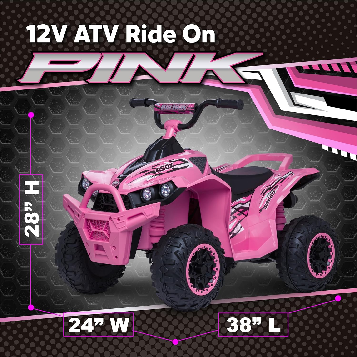 Kid Trax Pink 12V ATV Ride On Toys - Quad ATV, Electric 4 Wheeler, Reverse and Forward, Kids' Electric Vehicle, Quad Car ATV w/ 2 Speed, Led Headlights, 4 Wheeler, Max Weight 77 lb, Ages 3-8