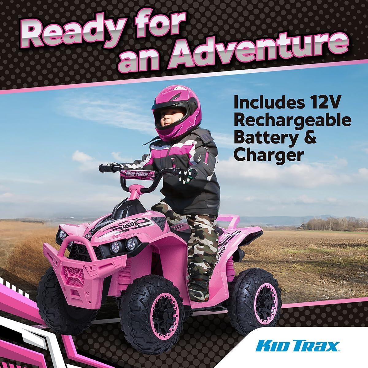 Kid Trax Pink 12V ATV Ride On Toys - Quad ATV, Electric 4 Wheeler, Reverse and Forward, Kids' Electric Vehicle, Quad Car ATV w/ 2 Speed, Led Headlights, 4 Wheeler, Max Weight 77 lb, Ages 3-8