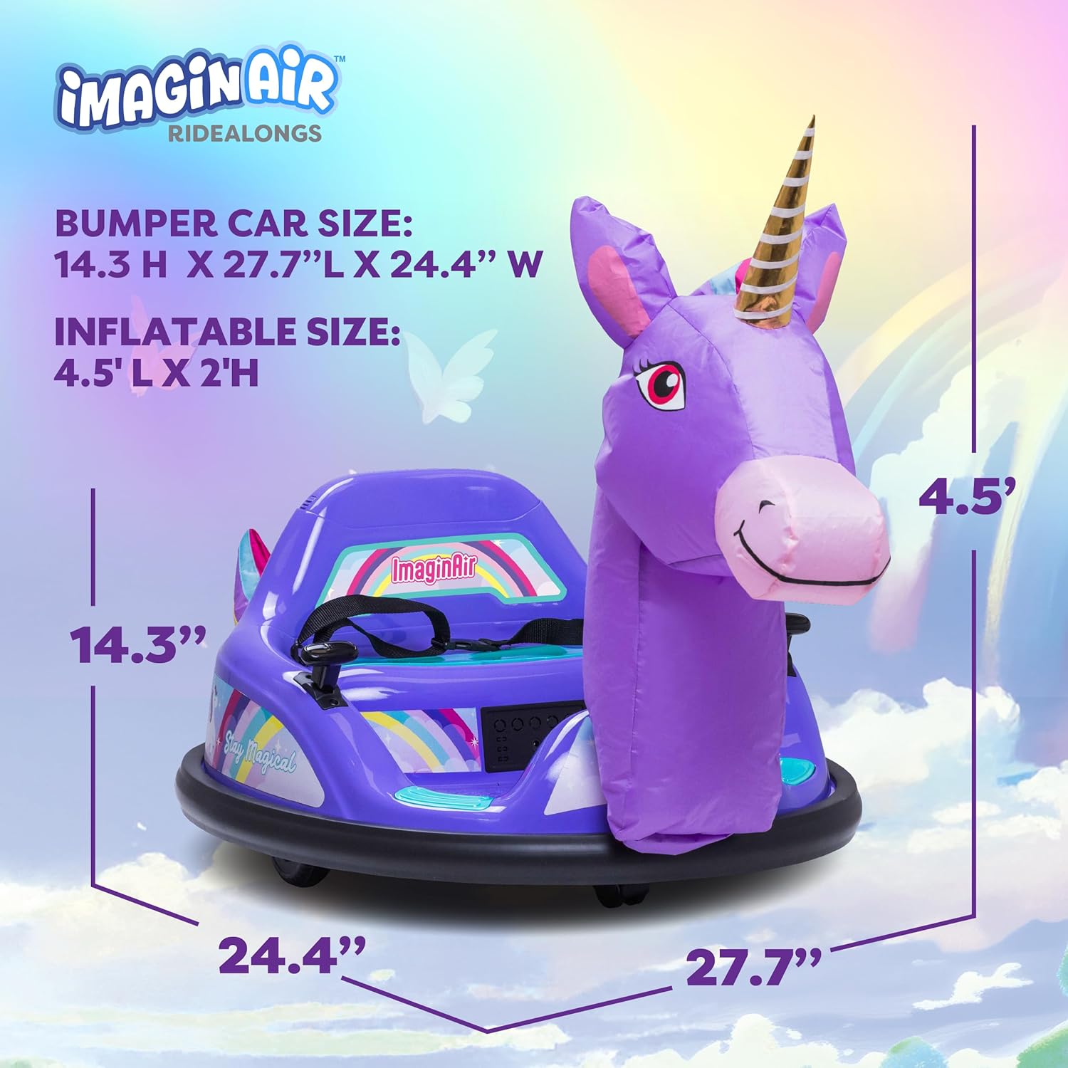 ImaginAir 6V Unicorn Toys Bumper Car - Kids Electric Car, Ride On Toddler Toy, Toddler Boys, w/Music, Parent Remote Control, LED Light, 360° Spin, 1 MPH, Auto-inflated, Max Weight of 66lbs, Age 1.5-4
