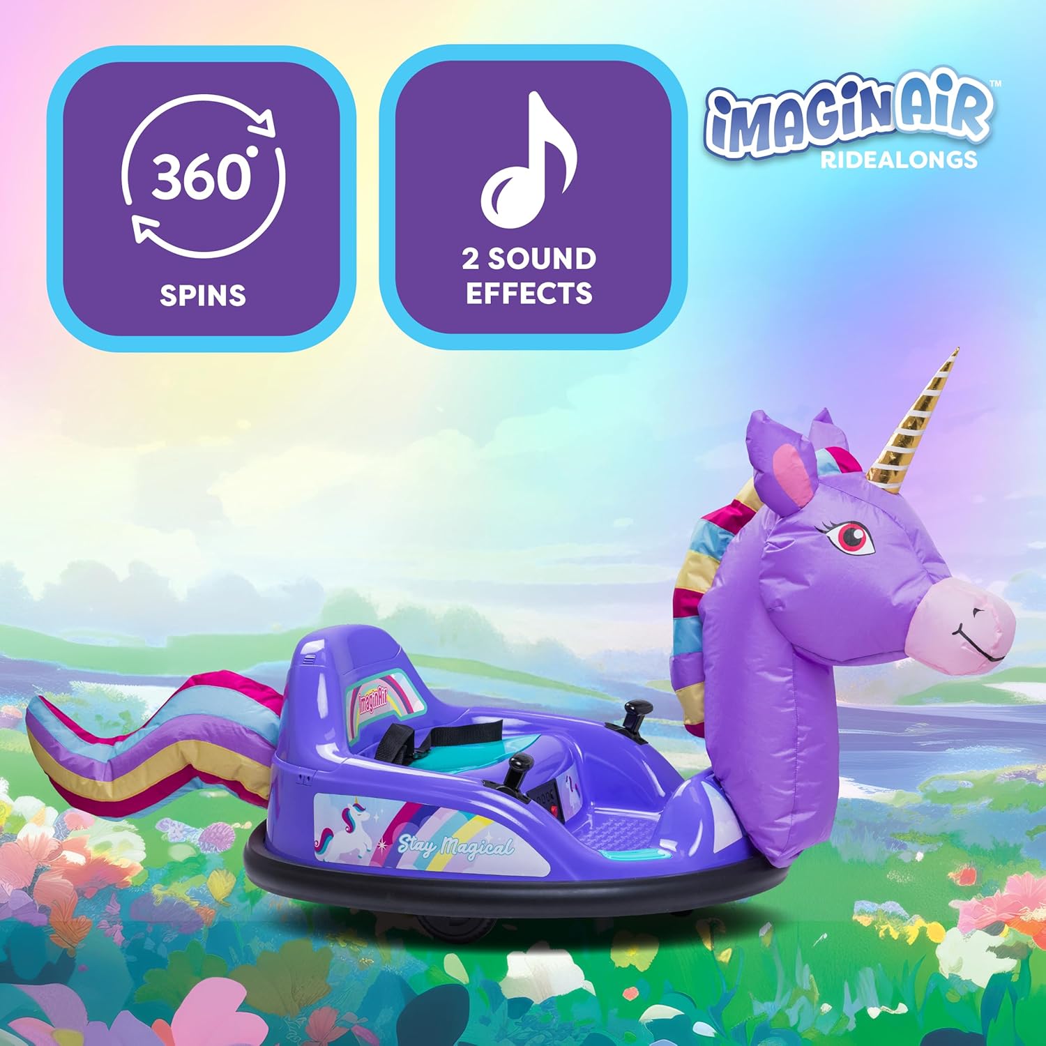 ImaginAir 6V Unicorn Toys Bumper Car - Kids Electric Car, Ride On Toddler Toy, Toddler Boys, w/Music, Parent Remote Control, LED Light, 360° Spin, 1 MPH, Auto-inflated, Max Weight of 66lbs, Age 1.5-4