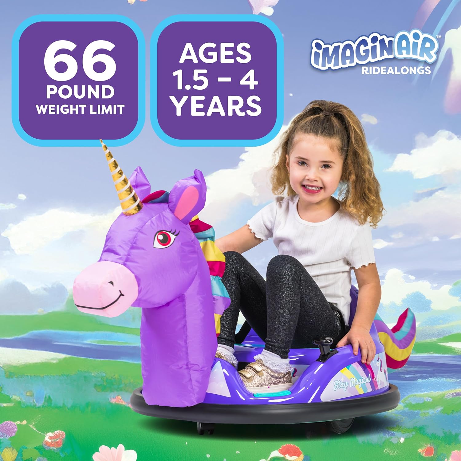 ImaginAir 6V Unicorn Toys Bumper Car - Kids Electric Car, Ride On Toddler Toy, Toddler Boys, w/Music, Parent Remote Control, LED Light, 360° Spin, 1 MPH, Auto-inflated, Max Weight of 66lbs, Age 1.5-4