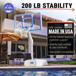 Dunn-Rite Splash & Shoot Pool Basketball Hoop, Adjustable Height Clear Backboard – 200lbs Water-Filled Base, Stainless Steel Rim & Waterproof Basketball, Made in USA, Clear Blue