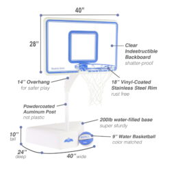 Dunn-Rite Splash & Shoot Pool Basketball Hoop, Adjustable Height Clear Backboard – 200lbs Water-Filled Base, Stainless Steel Rim & Waterproof Basketball, Made in USA, Clear Blue