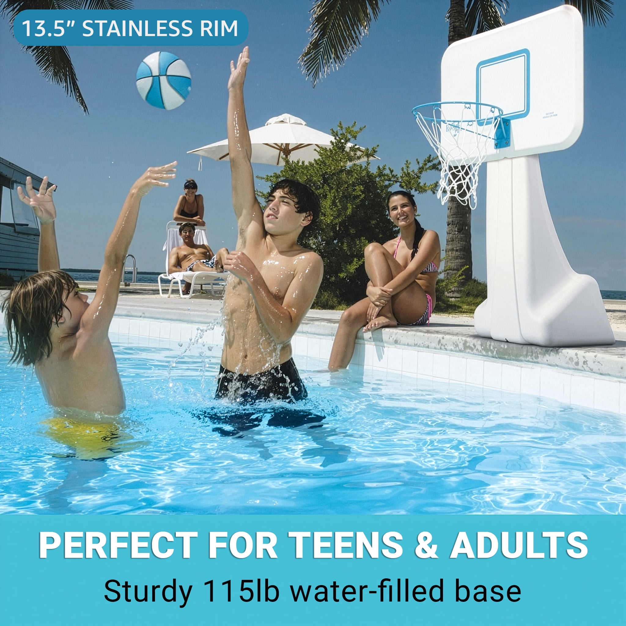 Dunn-Rite PoolSport Swimming Pool Basketball Hoop w/Ball, Base, & 13.5 Inch Stainless Steel Rim for Adults & Kids