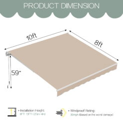 AECOJOY 8' x 10' Manual Retractable Patio Awning, Outdoor Awning Retractable Sunshade Shelter-Beige