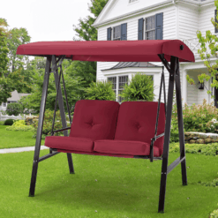 AECOJOY 2 Persons Outdoor Patio Canopy Steel Porch Swing Chair-Red