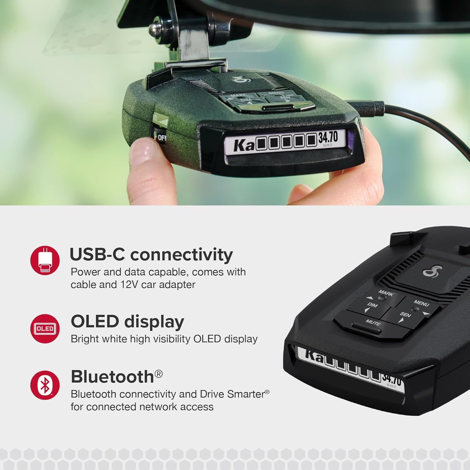 Cobra RAD 490i Laser Radar Detector – New Model with Long Range Detection, Bluetooth, Apple CarPlay and Android Auto Compatible, LaserEye Front and Rear Detection, DSP, Firmware Updatable