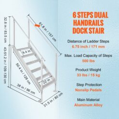 Huluwat Dock Ladder 43ftft 51ftft Adjustable Height 500 lbs Load Capacity Aluminum Alloy 6 Steps Pontoon Boat Ladder with Dual Handrails Nonslip Rubber Mat Ideal for Ship Lake Pool Marine Boarding