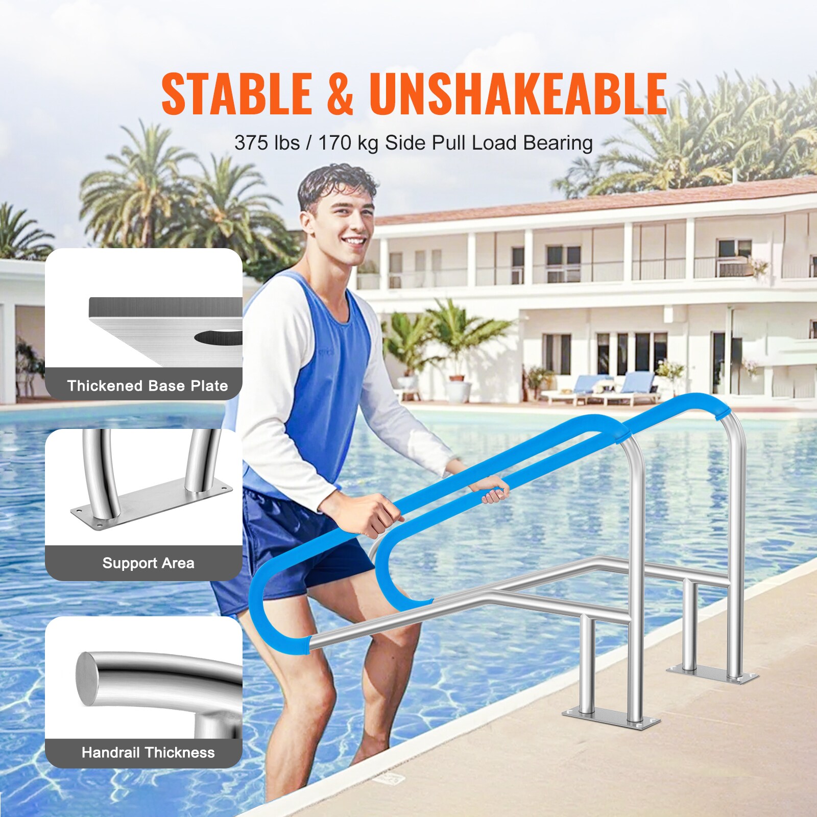 Huluwat Pool Handrail 2 PCS 55 x 32 inch Railing Stainless Steel with Base Plate for Indoor Outdoor Rust Proof Grab Bar w Grip Cover Accessories for Decks Spas