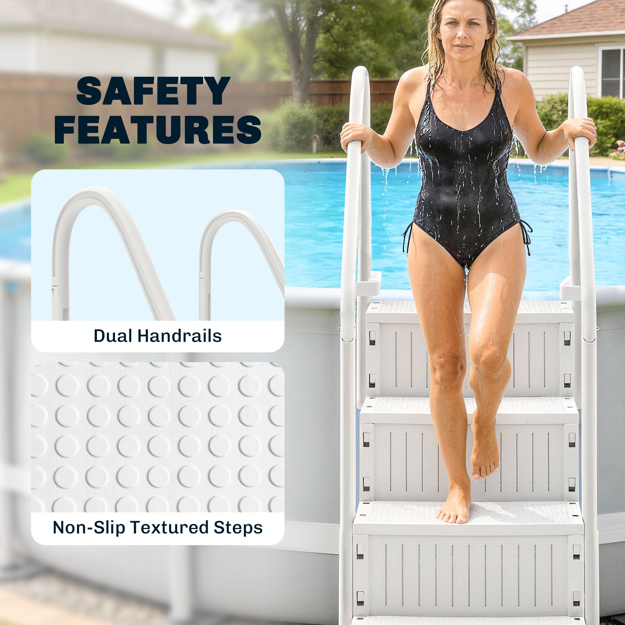 JUSHUA White Adjustable Above Ground Pool Ladder with Dual Handrails and Non Slip Steps
