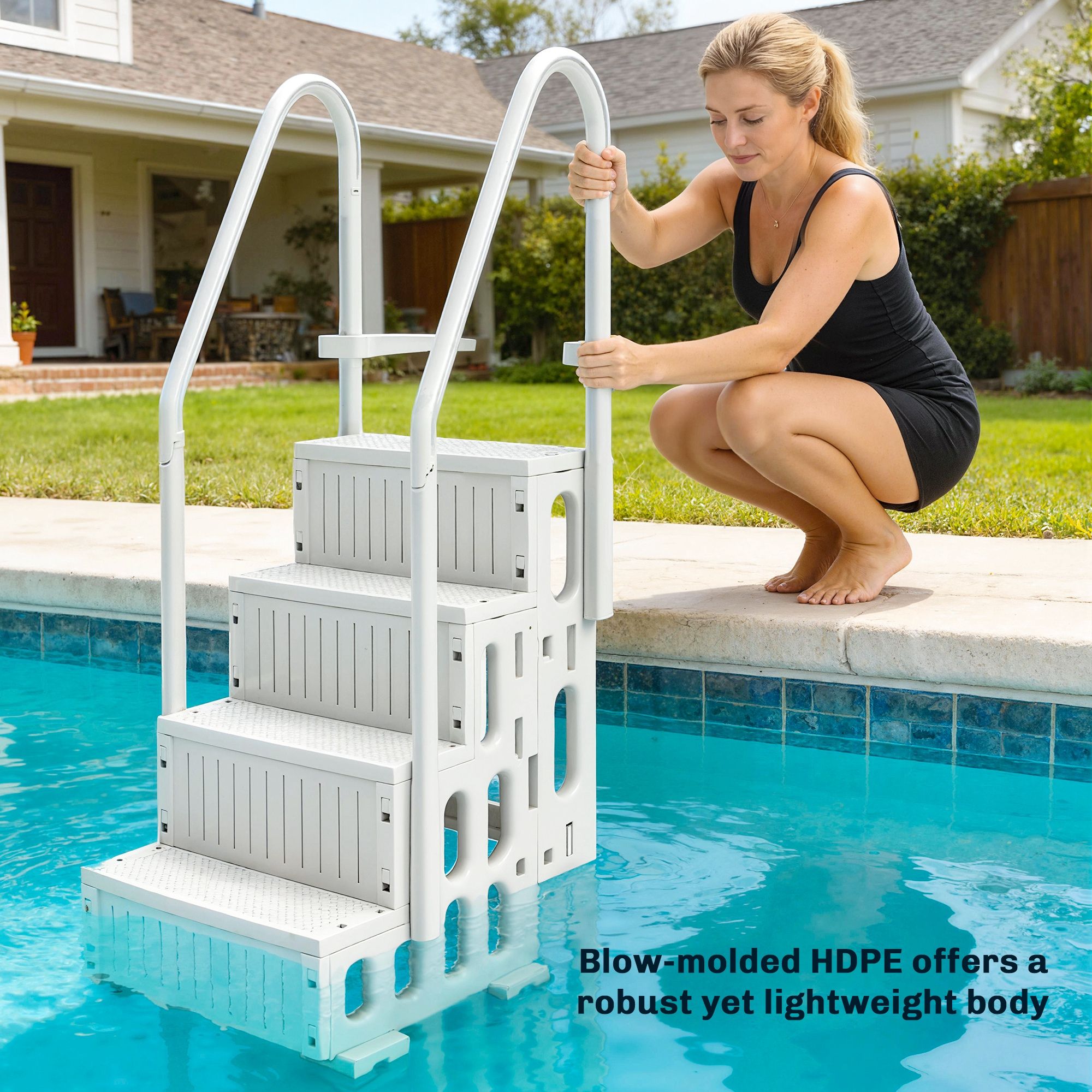 JUSHUA White Adjustable Above Ground Pool Ladder with Dual Handrails and Non Slip Steps