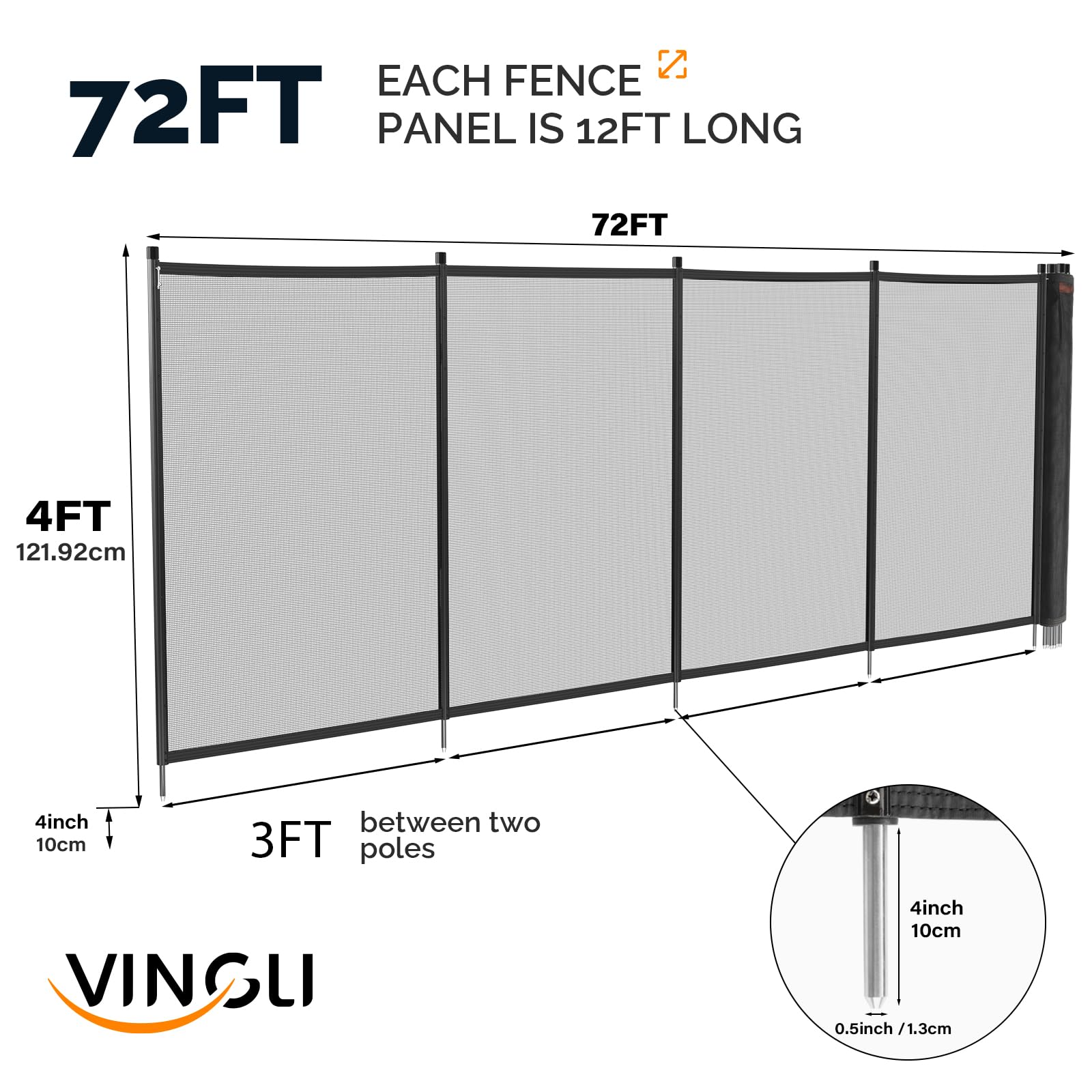 VINGLI 4-ft x 72-ft Black Easy-storaged Pool Fence for Ground Pool Mesh Pool Safety Barrier Panel