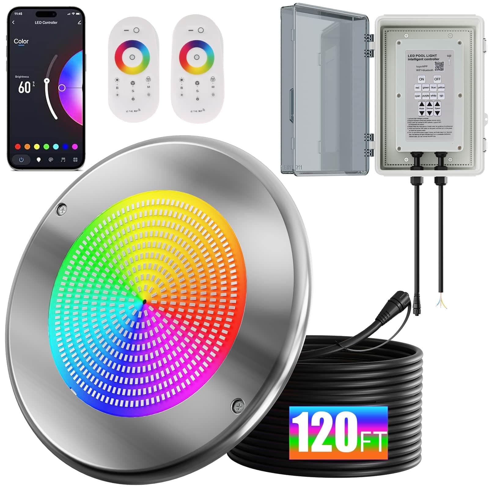 Oyezvary 60W 10 Inch Smart LED Pool Light 1 Piece Triple Control WiFi Bluetooth APP Remote Controller Color Changing for Inground Pools 120V