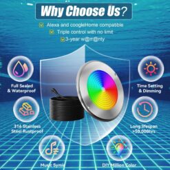 Oyezvary 60W 10 Inch Smart LED Pool Light 1 Piece Triple Control WiFi Bluetooth APP Remote Controller Color Changing for Inground Pools 120V