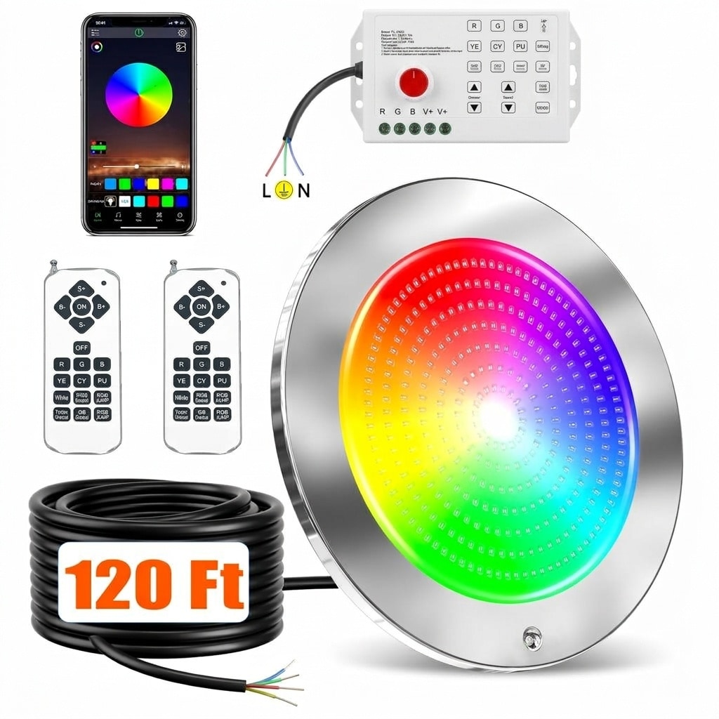 Oyezvary 1 Piece 10 Inch 60W LED Pool Light for Inground Pools 120Ft Cord Color Changing 3 Way Control App Remote Controller 12V Wet Niche