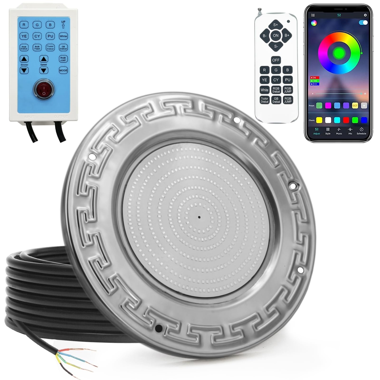 Oyezvary 60W 10 Inch LED Inground Pool Light 1 Piece 12V Color Changing Underwater Pool Light with Controller Remote APP Control 100 Foot Cord for Wet Niche