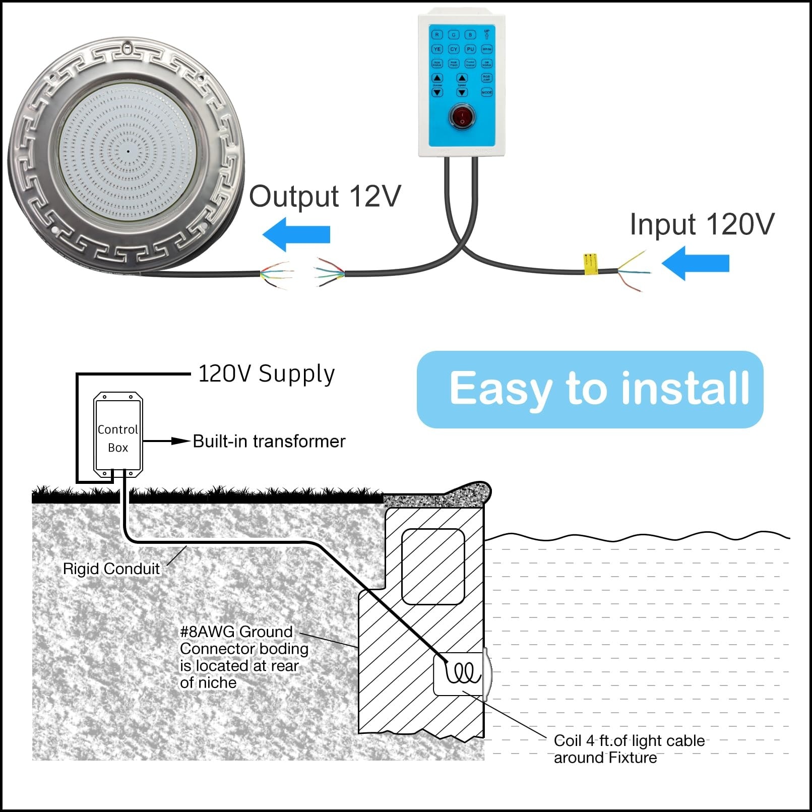 Oyezvary 60W 10 Inch LED Inground Pool Light 1 Piece 12V Color Changing Underwater Pool Light with Controller Remote APP Control 100 Foot Cord for Wet Niche