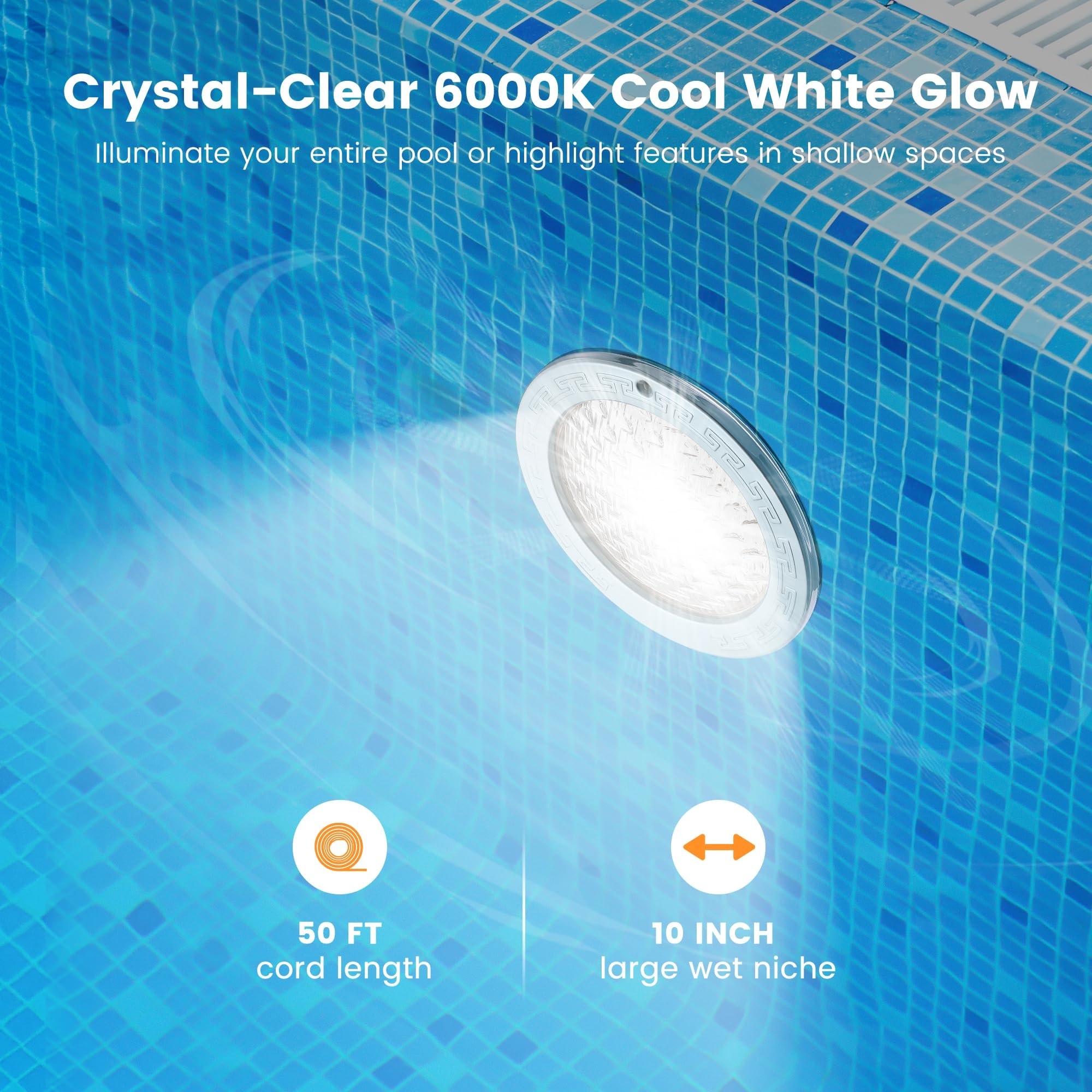 Oyezvary 10 Inch 120V LED Pool Light 35W 4000 Lumen Cool White 6000K Fits Standard 10 Inch Niches Stainless Steel Housing 50 Foot Cord 1 Piece