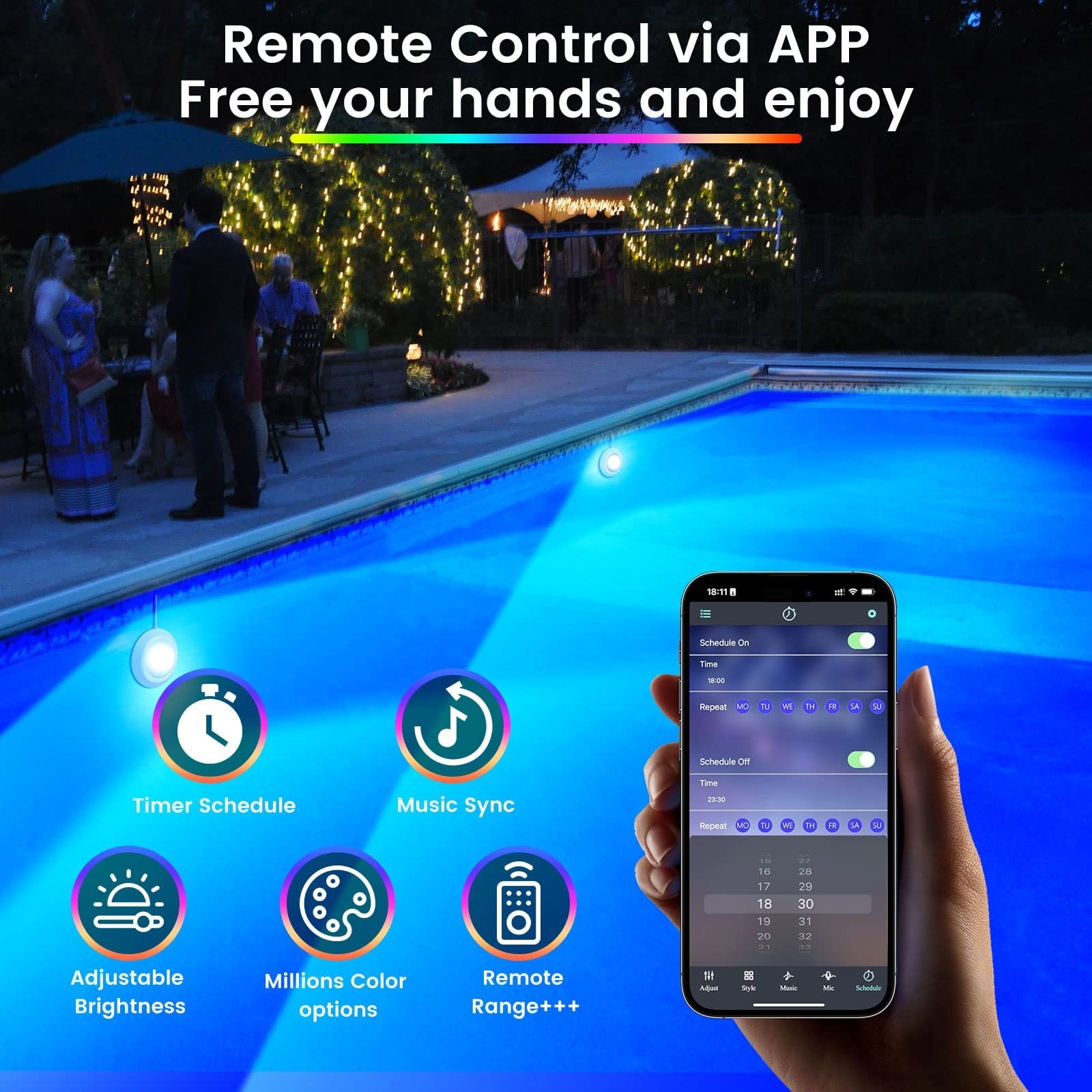 Oyezvary 2 Pack 50W LED Pool Lights 12V APP Controlled Submersible Lighting Kit Magnetic Mount 2000lm IP68 Waterproof for Aboveground Inground Pools 28ft Cable