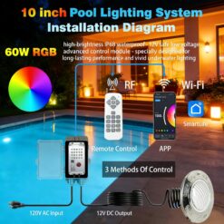 Oyezvary 1 Piece 10 Inch LED Pool Light 60W RGB Multicolor Underwater Spa Light with 50 Ft Cord 12V Wet Niche Remote APP Controller IP68 Stainless Steel
