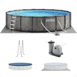 Intex 18-ft x 18-ft x 48-in Metal frame Round Above-Ground Pool with Filter Pump with Ground Cloth with Pool Cover with Ladder