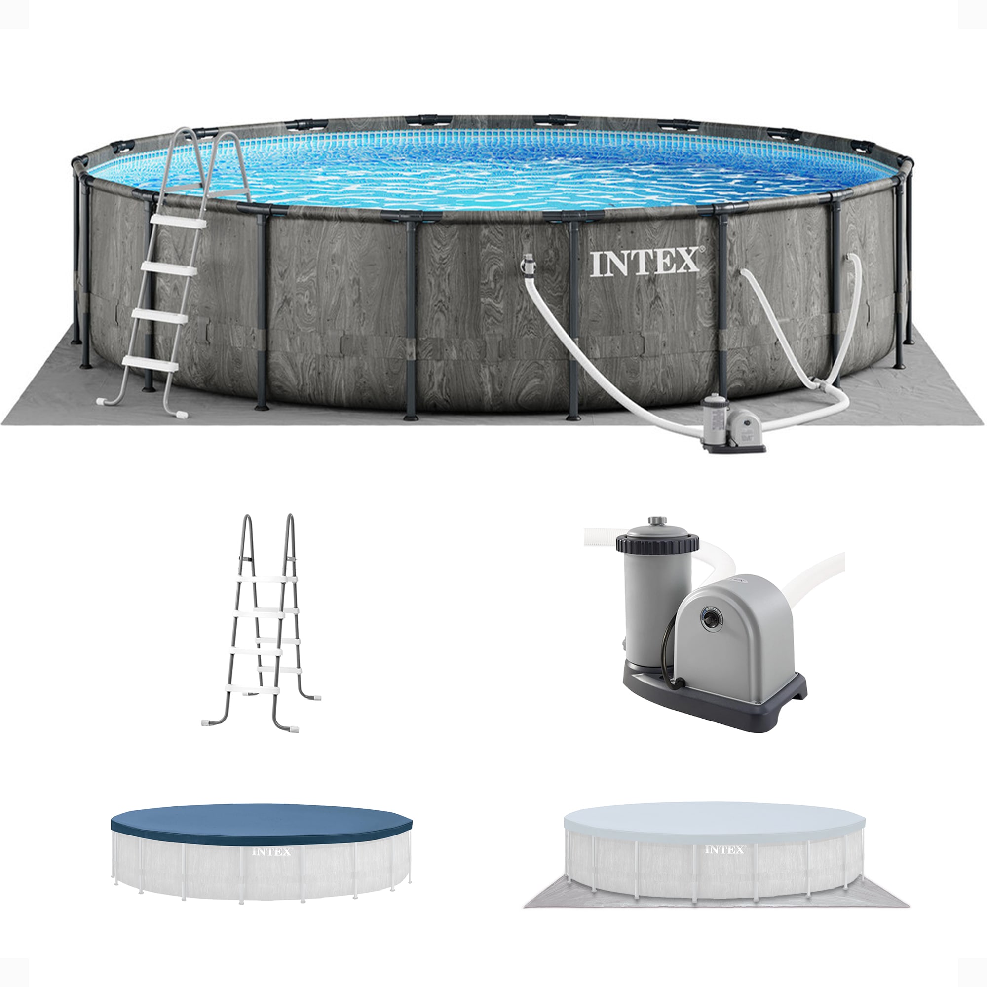 Intex 18-ft x 18-ft x 48-in Metal frame Round Above-Ground Pool with Filter Pump with Ground Cloth with Pool Cover with Ladder