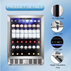 COWSAR 24.33-in W 146 -Can Capacity Silver Built-in/Freestanding Indoor Beverage Refrigerator with Glass Door