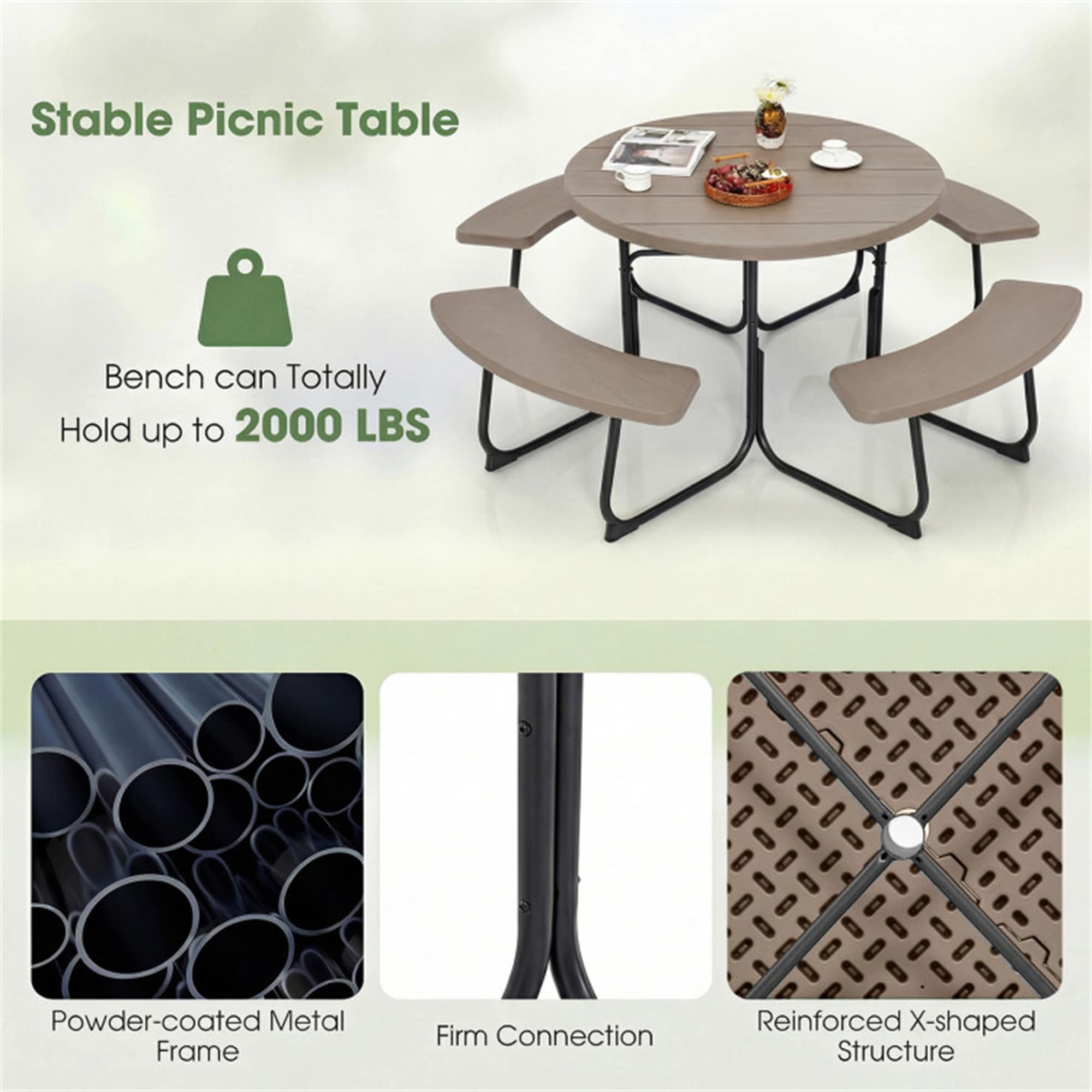 BABOOM 43-in Brown Resin Round Picnic Table